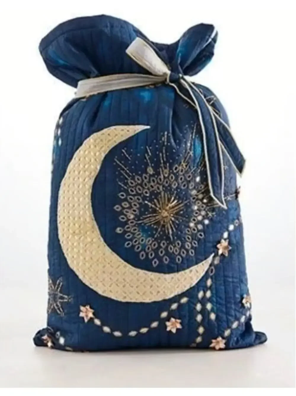 NEW Free People One Perfect Present Gift Sack Blue Crescent Embroidered